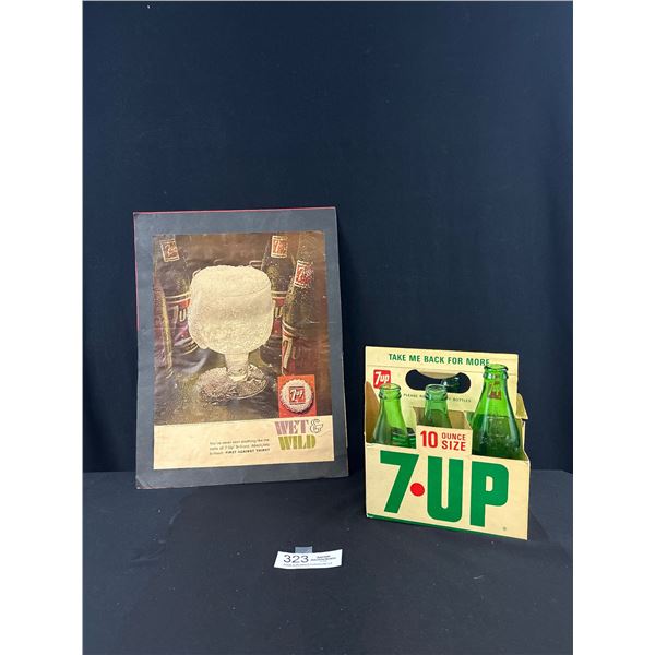 Vintage 7up Cardboard Ad w/ Vintage 6 Pack w/ Bottles