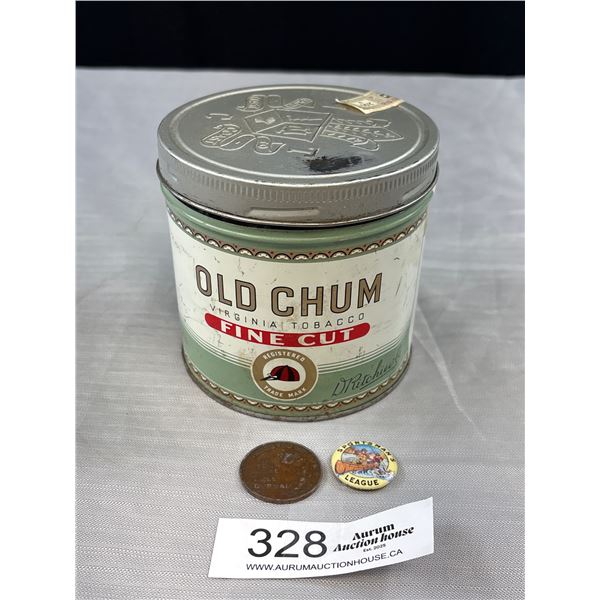3 Pc's Vintage Tobacciana, Rare Bull Durham Token, Sportsman's Tobacco Pinback & Old Chum Can