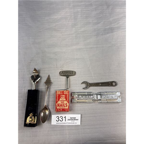 6 Pc's Vintage Collectables, RCMP Bottle Opener, Alcan Weight Key, Spoon, Wrench, etc.