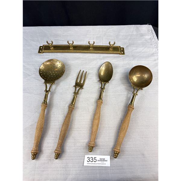 Antique Brass/Wood Handle Kitchen Utensils Set w/ Solid Brass Wall Hanger, Approx 14" Long, Utensils