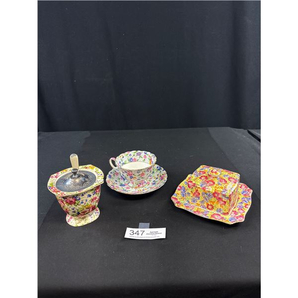 3 Pc's Antique Royal Winton "Chintz Pattern" Teacup/Saucer, Sugar Dish w/ Spoon & Butter Dish