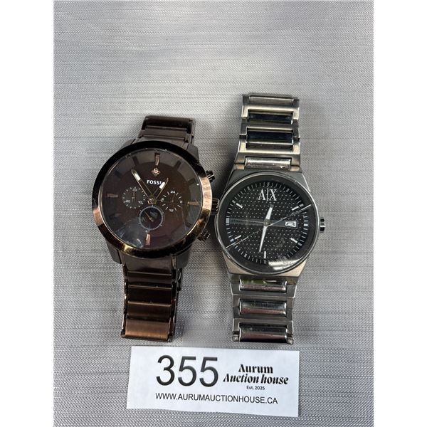 2 Heavy Stainless Steel Wrist Watches Fossil + Ax Quartz Batteries Required Fairly Good Condition, O