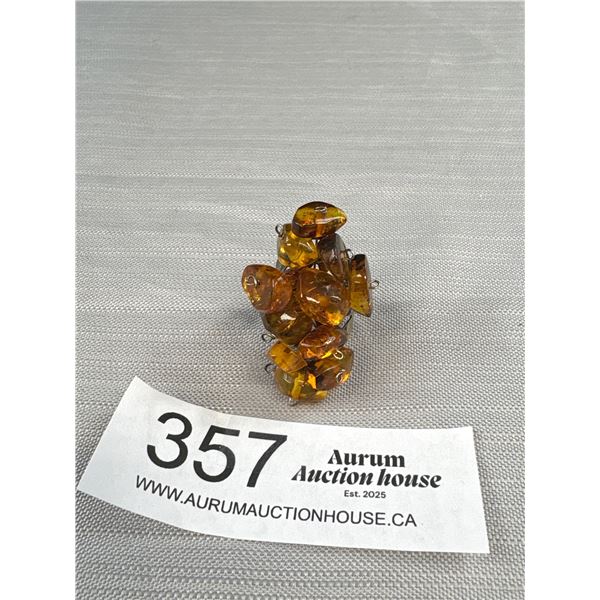 Vintage Hand Crafted Sterling Silver w/ Natural Amber Stones Ring, Marked Sterling