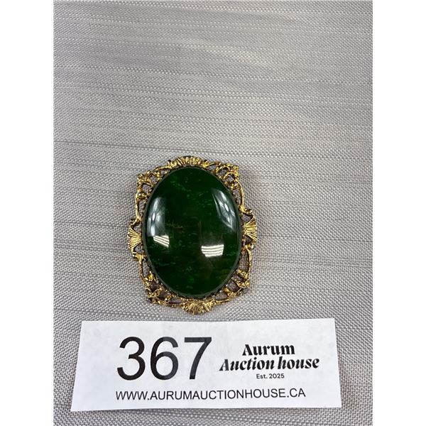 Large Vintage Dark Green B.C. Jade Stone Brooch