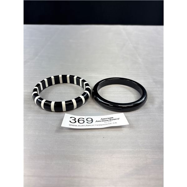 2 Vintage Black Lucite Bangles One w/ White Inlay