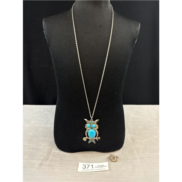 Vintage Owl Pendant w/ Chain Necklace + Owl Ring Size 5