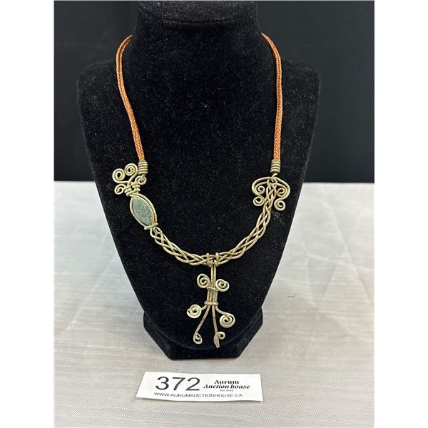 Vintage Silver Tone Hand Crafted w/ Brown Cord Necklace