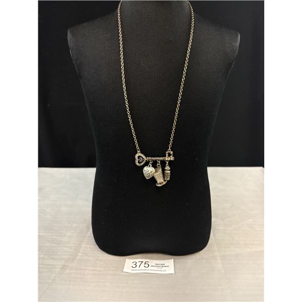 Vintage Silver Tone Key Pendant w/ Charms + Chain Necklace