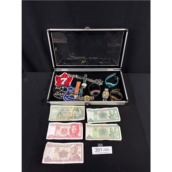 Nice Small Display Case Full of World Notes, Old Wrist Watches and Patches