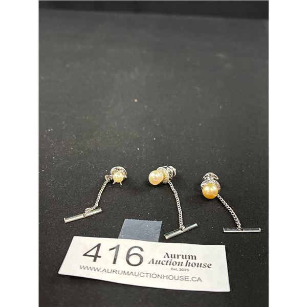 3 Vintage Marked Sterling Genuine Pearl Tie Pins