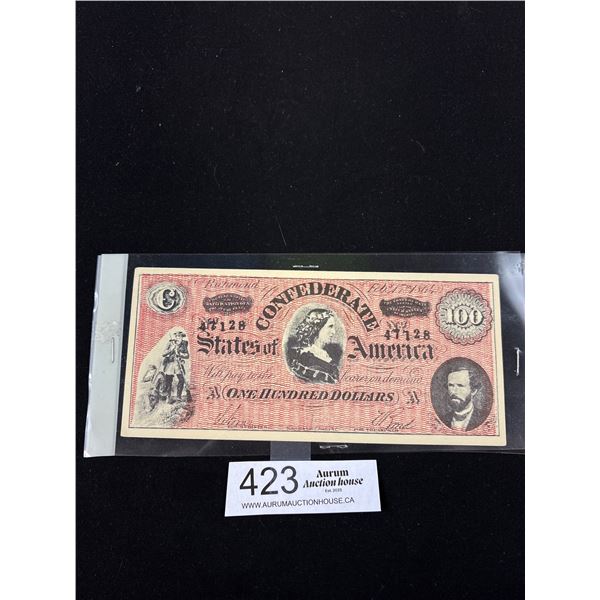 1864 Confedinate 100 Bank Note Nice Copy!
