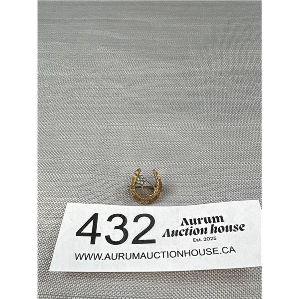 A Victorian/Edwardian Small Enamel + Gilt Brooch Horshoe & Clover