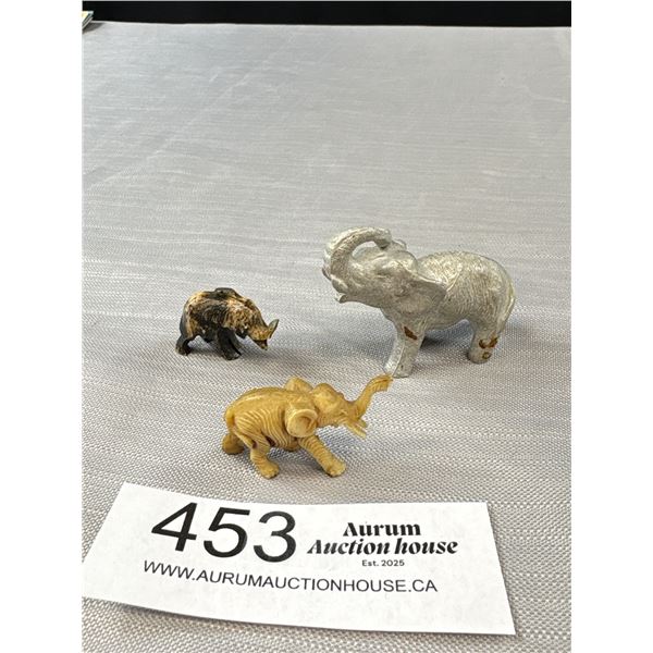 3 Elephant Figures (1 Metal, 1 Carved Bone)