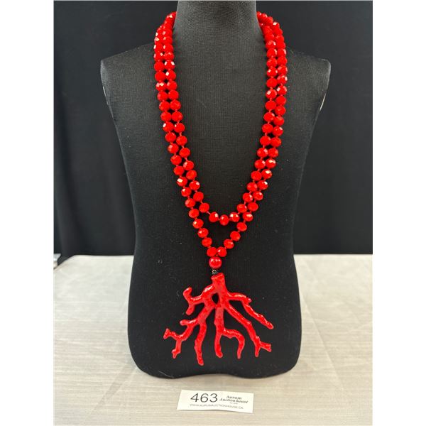 Red Lucite Branch Coral Pendant w/ Beads Necklace, Extra Length 48 Inches
