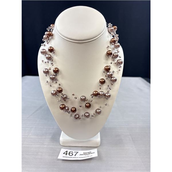 Vintage Triple Strand Grey + Bronze Pearls Necklace, Self Adjusting Length