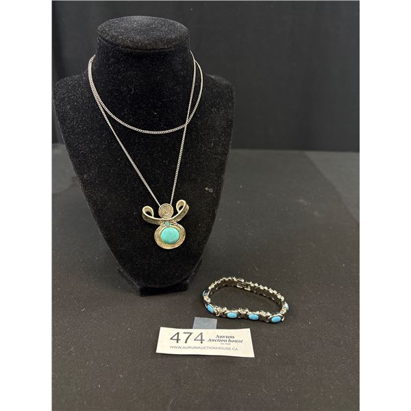 Vintage Turqouise Color Stone Pendant w/ Chain Necklace Marked Ardens + Bracelet