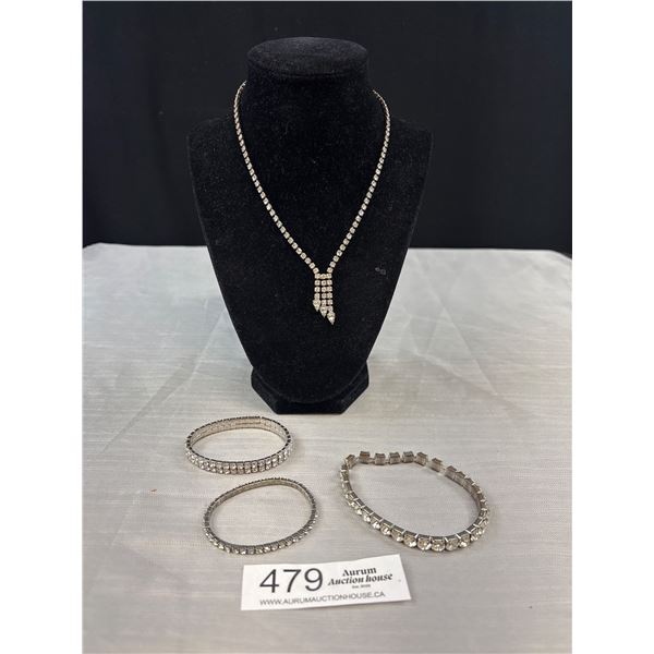 Vintage Rhinestones Necklace + 3 Brace;ets