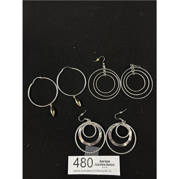 3 Pairs of Large Silver Plated Hoop Earrings