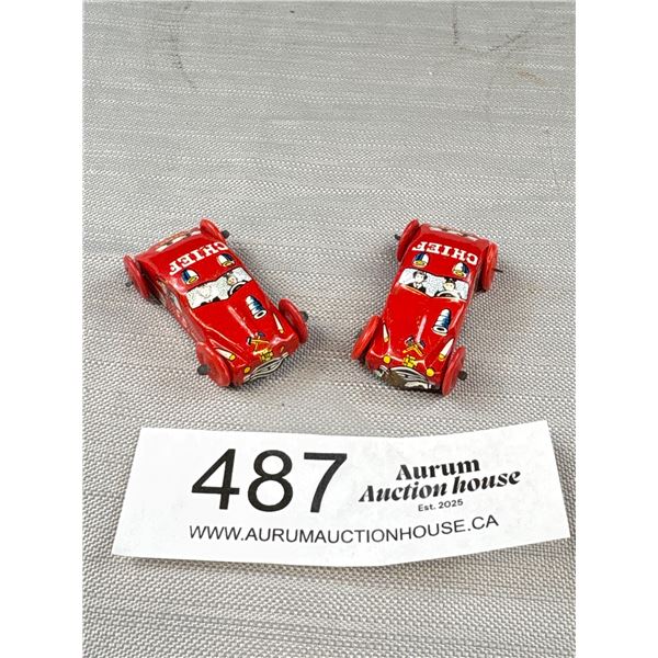 Pair of Japan 1950s Tin "Fire Chief" Cars (Mini)