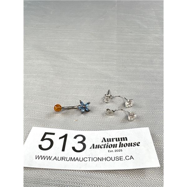 3 Belly Button Rings (1 Marked .925 w/ Amber)