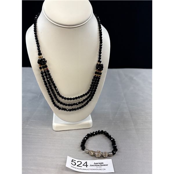 Vintage Black Crystal + Rhinestones Necklace + Bracelet