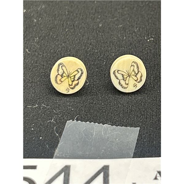 Small Pair of Signed Scrimshaw Stud Earrings