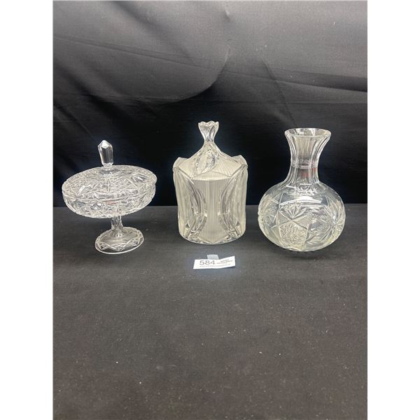 lot of 3 Vintage Crystal and Glass Containers & Vase