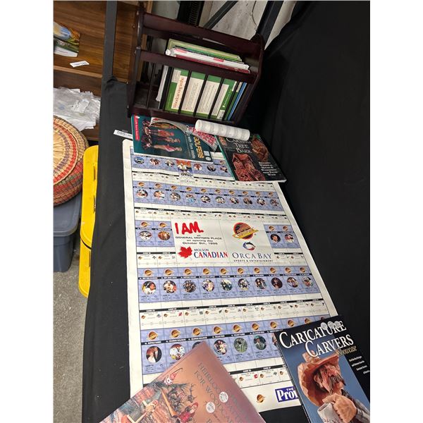 Vintage Wooden Magazine rack full of magazines and old canucks poster no shipping