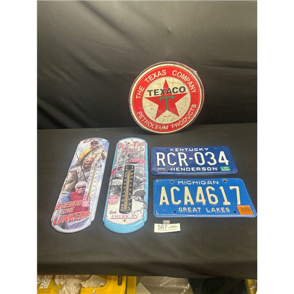 Nice Collectible lot of old license plates thermomitors and texaco sign