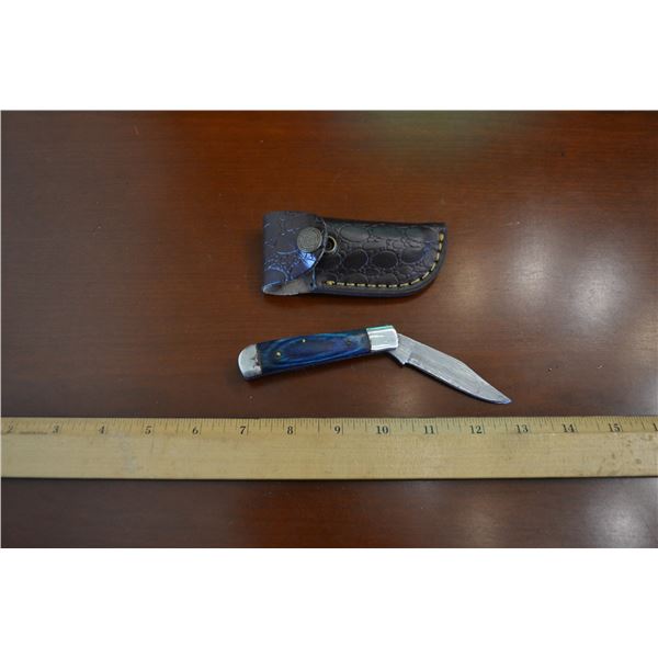 Hand Forged Damascus Steel Folder w/ Leather Sheath