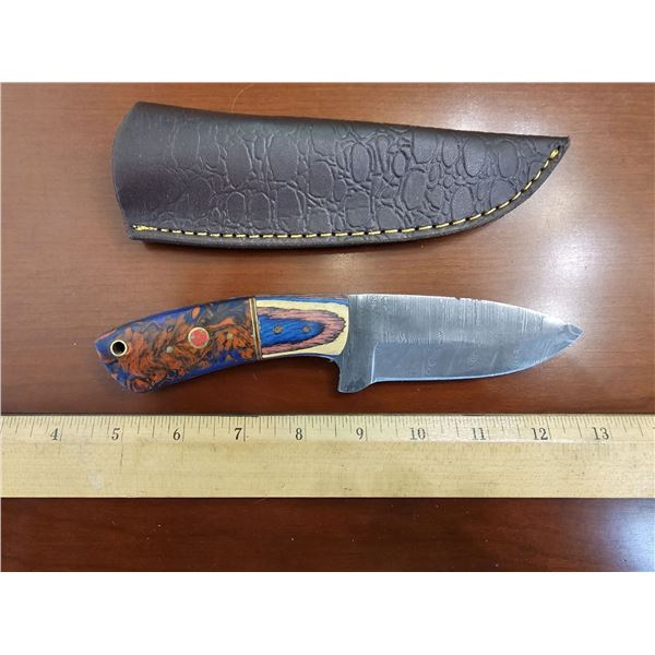 Hand Forged Damascus Steel Knife w/ Leather Sheath
