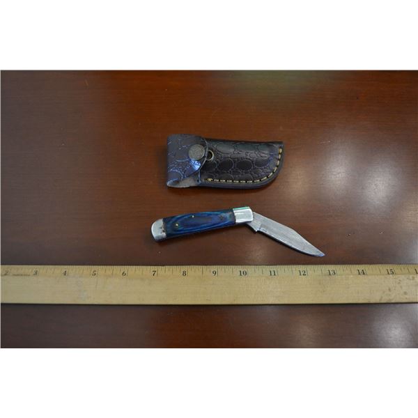 Hand Forged Damascus Steel Folder w/ Leather Sheath