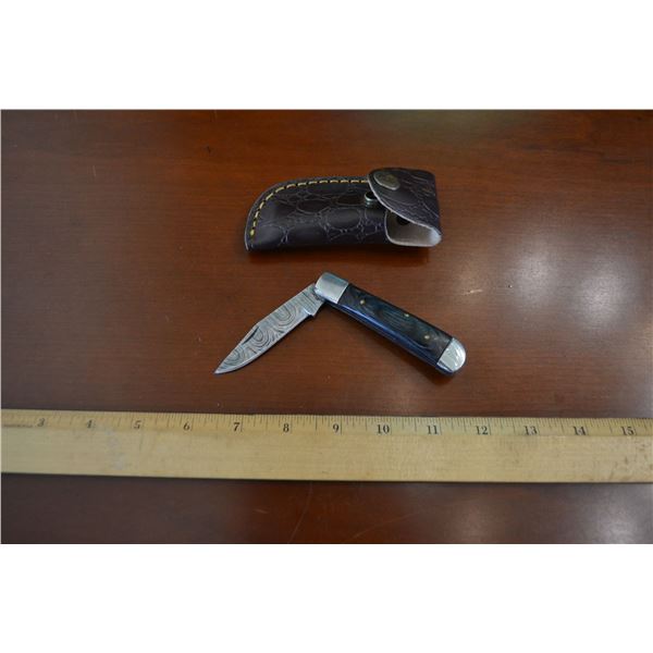 Hand Forged Damascus Steel Folder w/ Leather Sheath