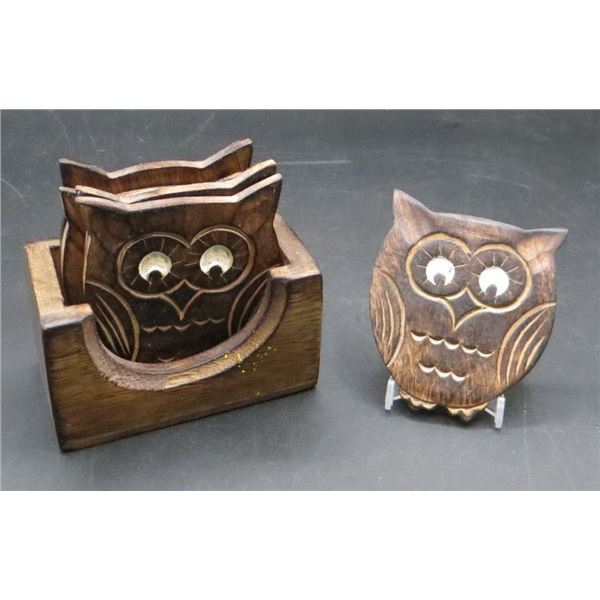 Set of 6 Carved Wooden Owl Coasters