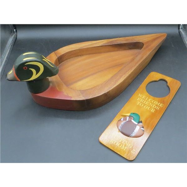 Solid Wood Carved Duck Trinket Tray 17" Long & Wooden Door Hanger