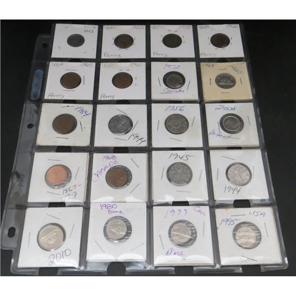 Page Of Donated Coins Canadian & USA Pennies, Dimes & Nickels