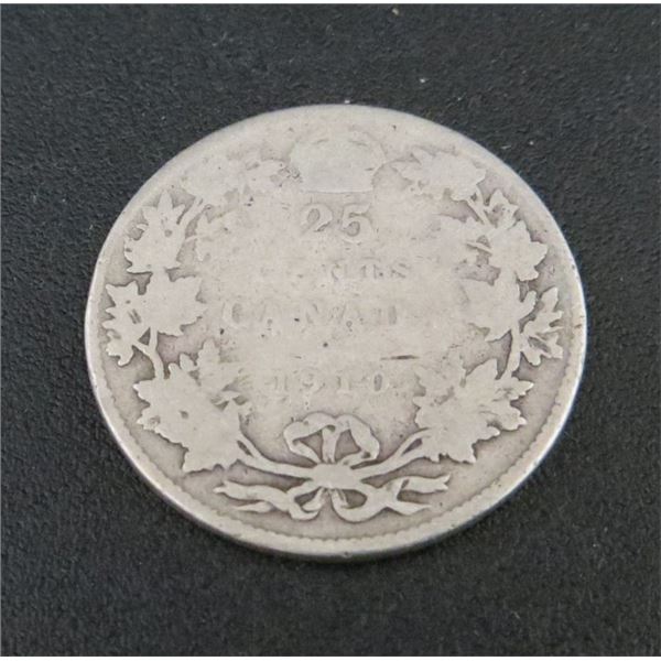 1910 Canadian Silver 25 Cent Coin