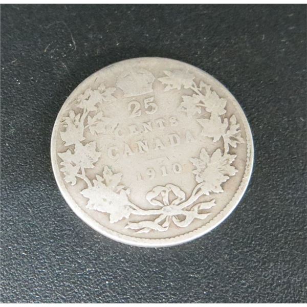 1910 Canadian Silver 25 Cent Coin