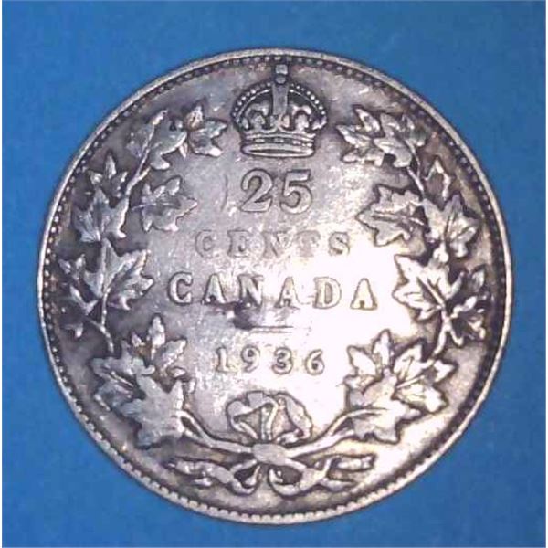 1936 Canadian Silver 25 Cent Coin