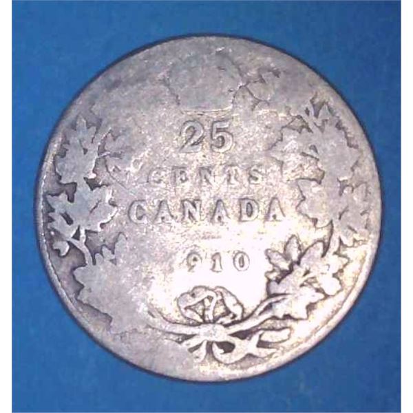 1910 Canadian Silver 25 Cent Coin
