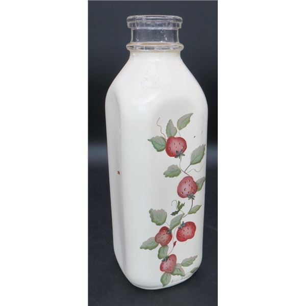 Glass Bottle Hand Painted with Strawberries and Vines 10" Tall