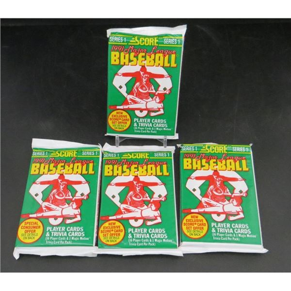 4 Sealed Packs Of 1991 Score Baseball 16 Cards + 1 Magic Motion Trivia Card Per Pack