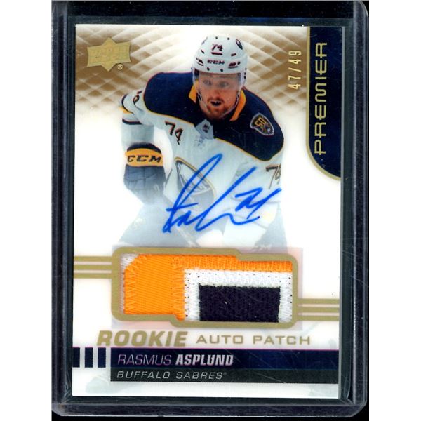 2019-20 Upper Deck Premier Acetate Rookie Patch Autographs Gold Rasmus Asplund 47/49 BV $50