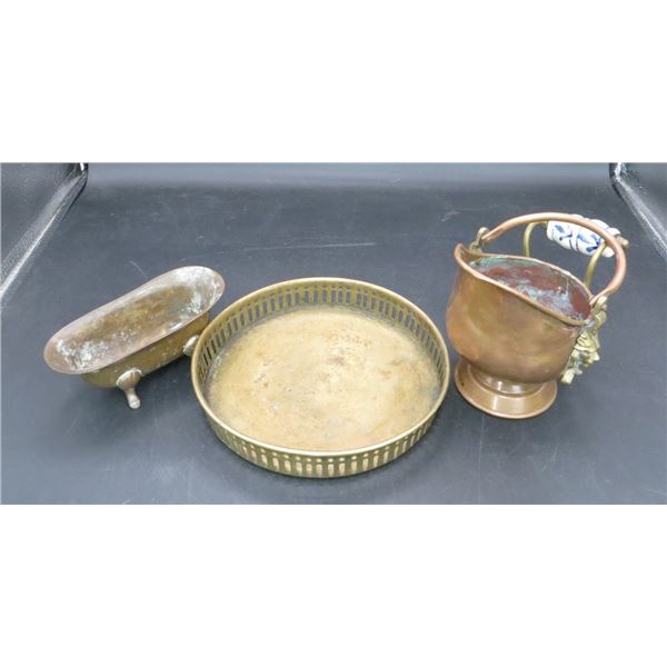 Lot Of Copper and Brass Tray/Soap Holder and Coal Ash Scuttle Bucket Blue Flower Handle