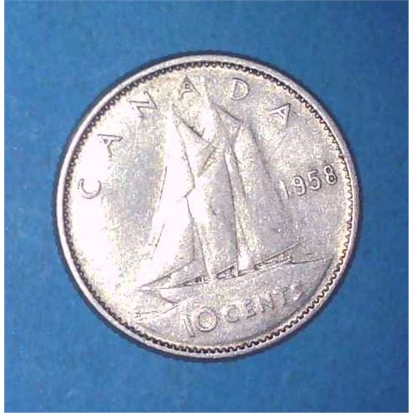 1958 Canadian Silver 10 Cent Coin