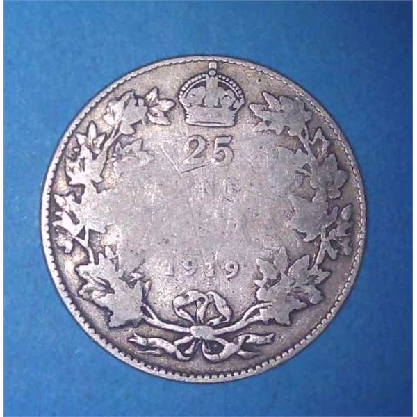 1919 Canadian Silver 25 Cent Coin