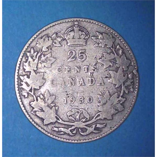 1930 Canadian Silver 25 Cent Coin
