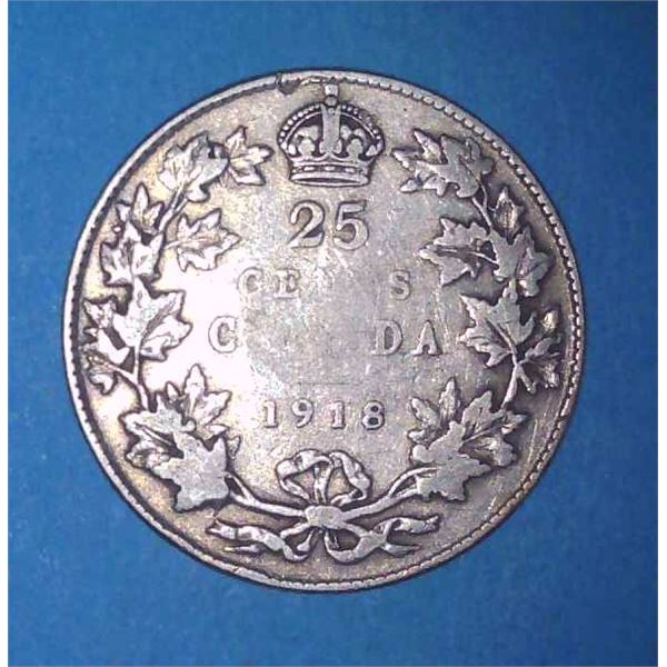1918 Canadian Silver 25 Cent Coin