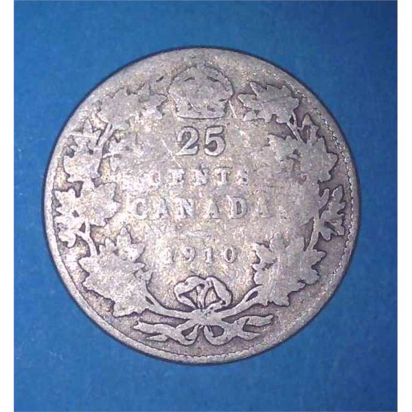 1910 Canadian Silver 25 Cent Coin