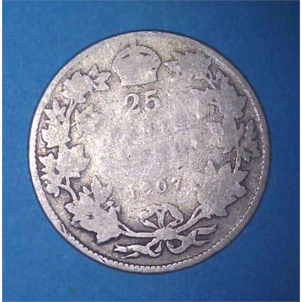 1907 Canadian Silver 25 Cent Coin